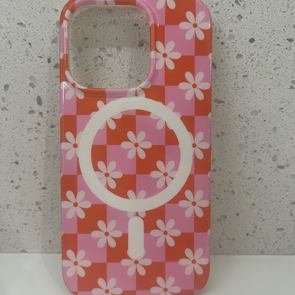 Floral Red and Pink Checkered 14 Pro Phone Case